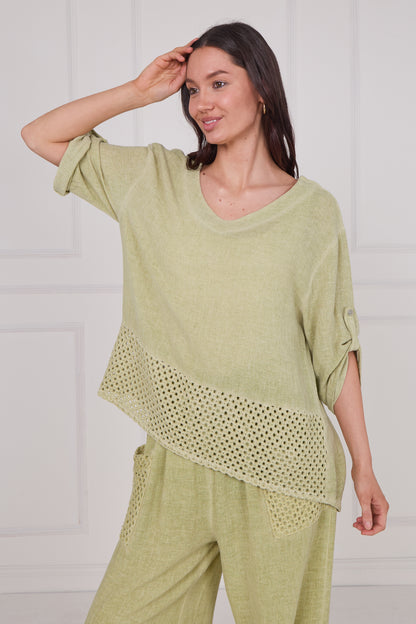 WASHED LINEN MESH BACK DETAIL TOP