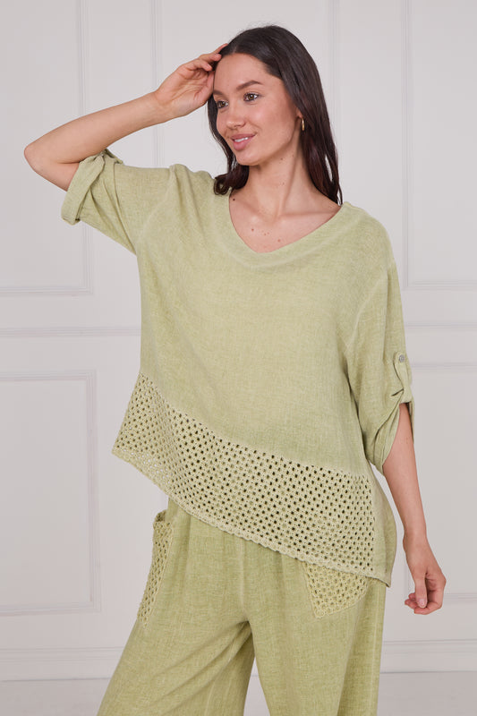 WASHED LINEN MESH BACK DETAIL TOP
