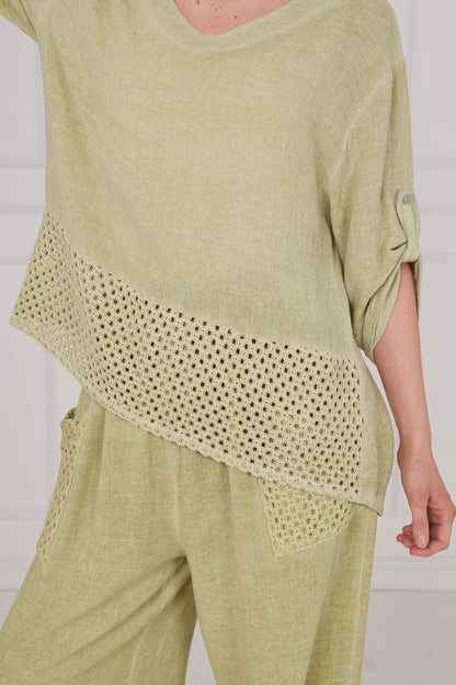 WASHED LINEN MESH BACK DETAIL TOP