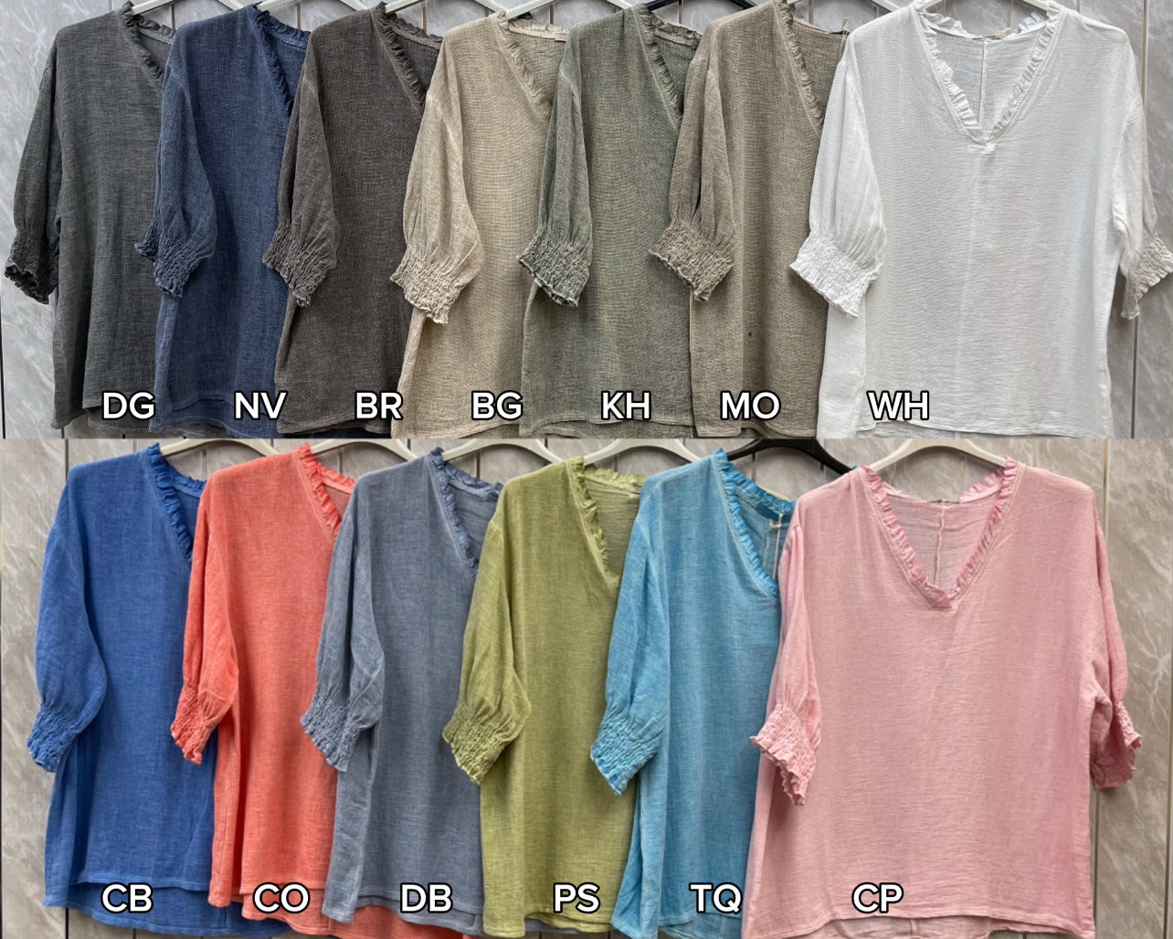 WASHED LINEN FRILL V-NECK SHIRRED SLEEVE TOP