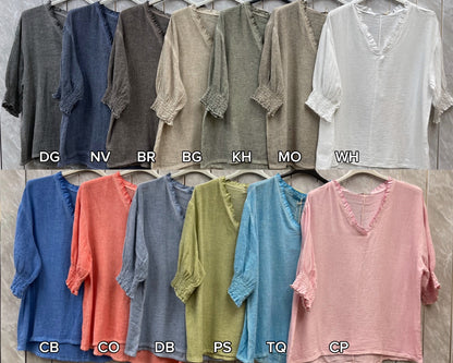 WASHED LINEN FRILL V-NECK SHIRRED SLEEVE TOP