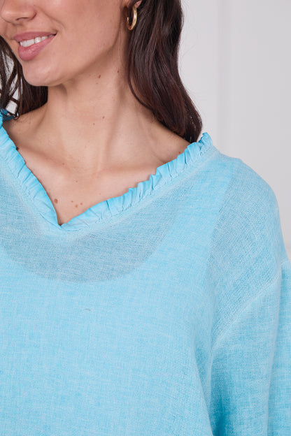 WASHED LINEN FRILL V-NECK SHIRRED SLEEVE TOP