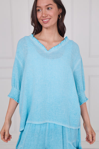 WASHED LINEN FRILL V-NECK SHIRRED SLEEVE TOP