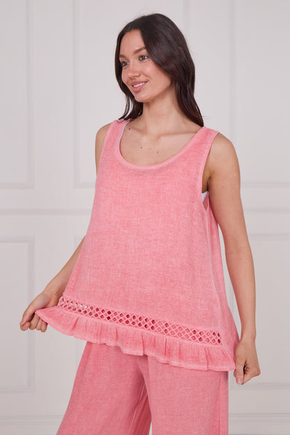 WASHED LINEN SLEEVELESS LACE TOP