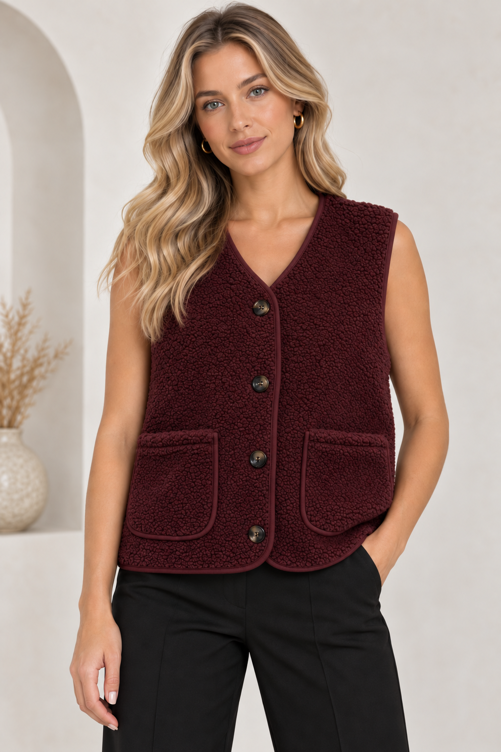 5538 Teddy Fleece Buttoned Vest in Bordeaux, front model view with black trousers