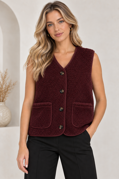 5538 Teddy Fleece Buttoned Vest in Bordeaux, front model view with black trousers