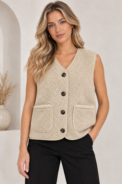 5538 Teddy Fleece Buttoned Vest in Beige, front model view with black trousers
