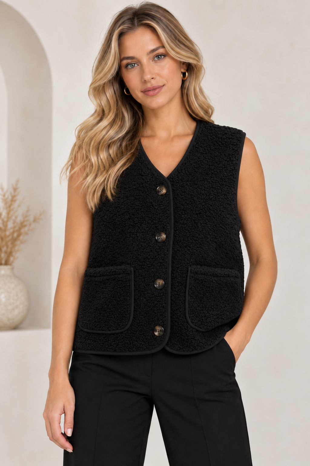 5538 Teddy Fleece Buttoned Vest in Black, front model view with black trousers