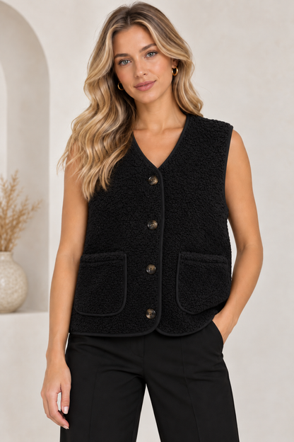 5538 Teddy Fleece Buttoned Vest in Black, front model view with black trousers