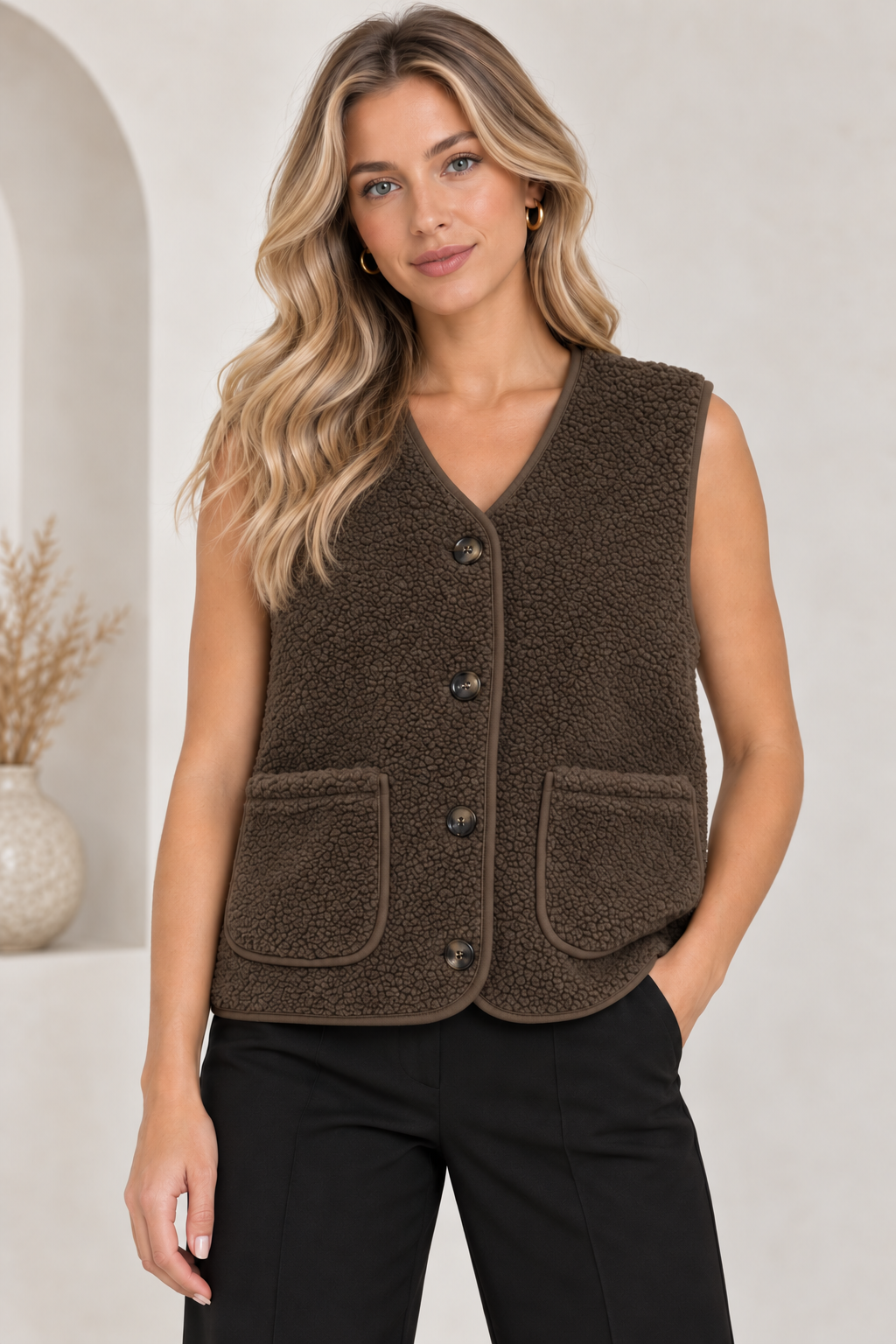 5538 Teddy Fleece Buttoned Vest in Chocolate, front model view with black trousers
