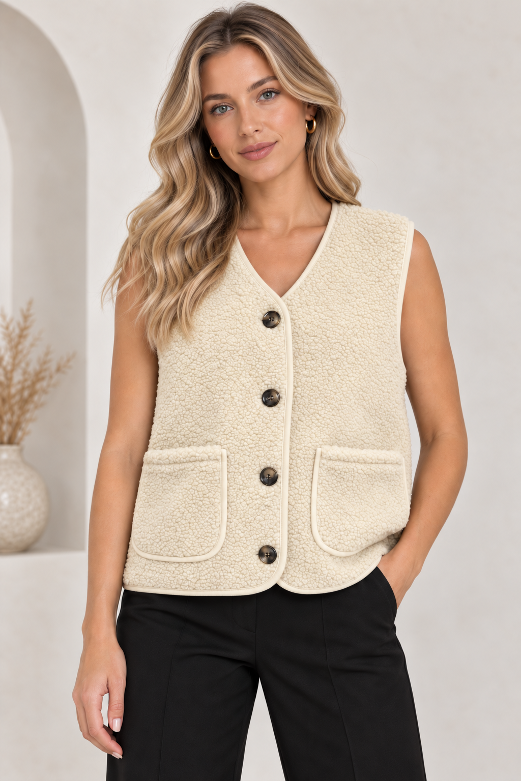 5538 Teddy Fleece Buttoned Vest in Cream, front model view with black trousers