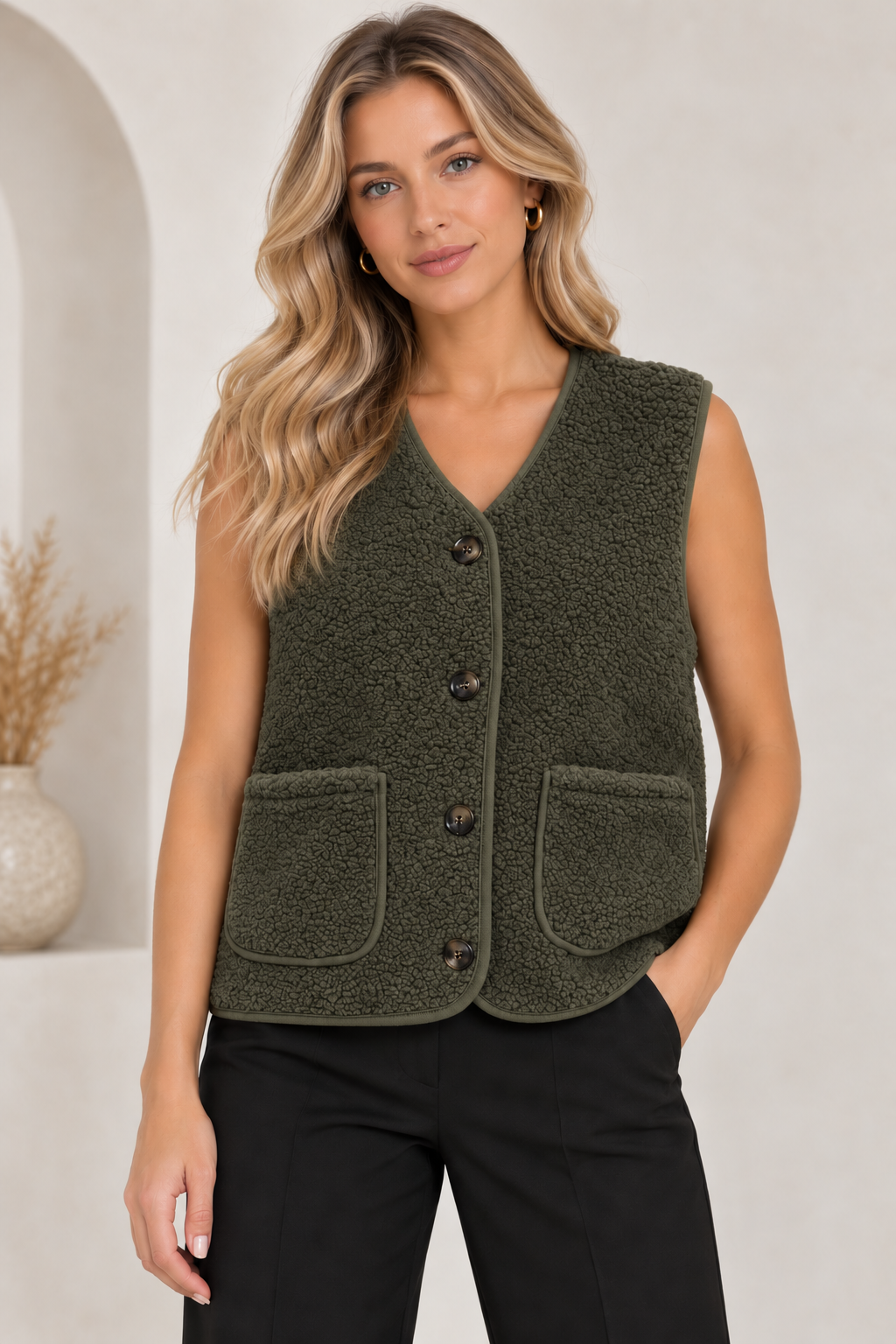 5538 Teddy Fleece Buttoned Vest in Khaki, front model view with black trousers