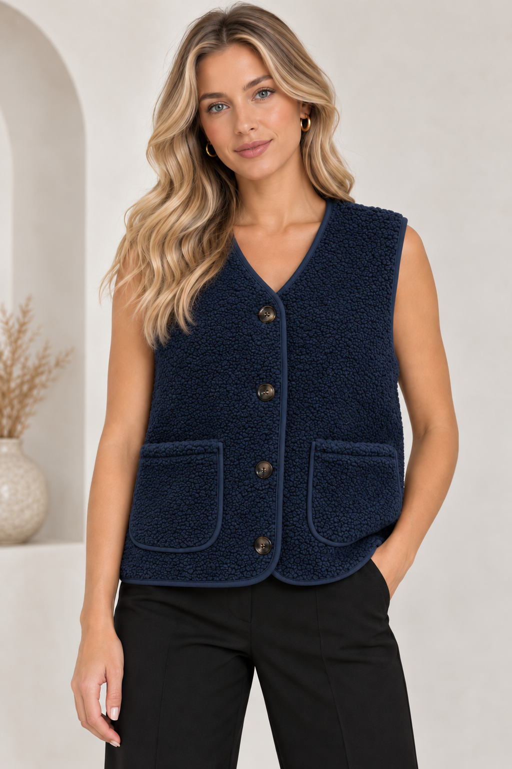 5538 Teddy Fleece Buttoned Vest in Navy, front model view with black trousers