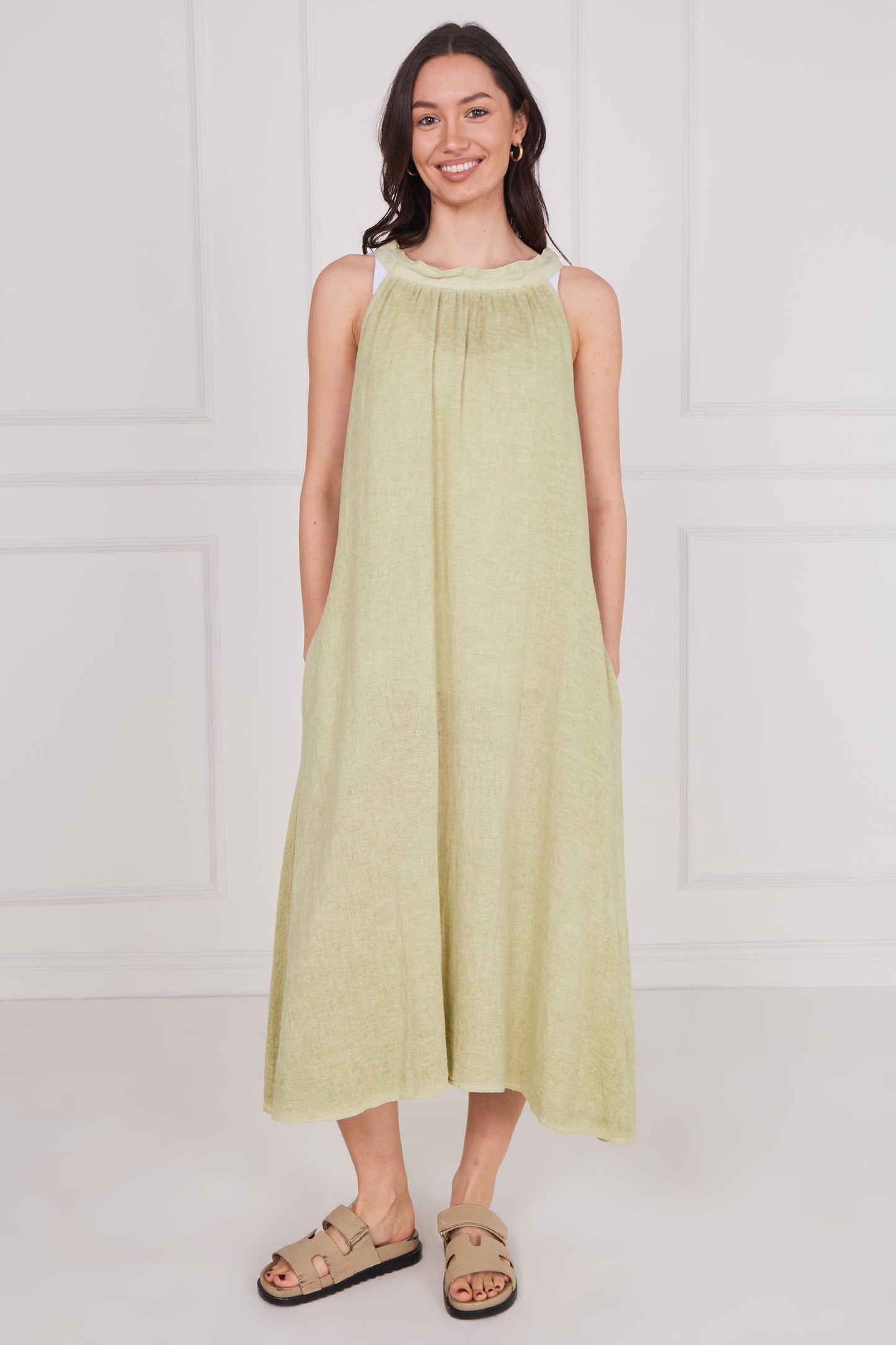 WASHED LINEN TIE BACK SLEEVELESS DRESS