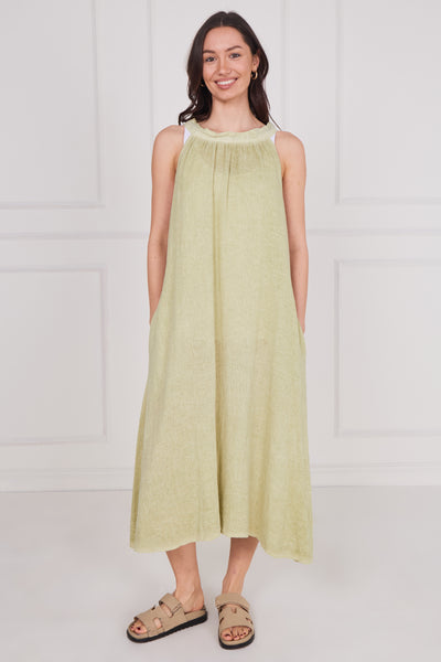 WASHED LINEN TIE BACK SLEEVELESS DRESS