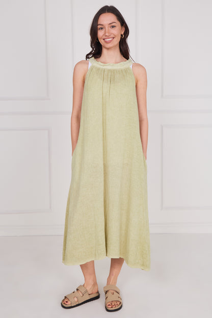WASHED LINEN TIE BACK SLEEVELESS DRESS