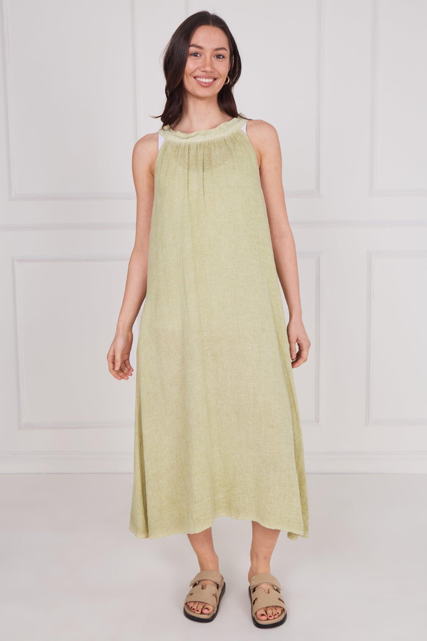 WASHED LINEN TIE BACK SLEEVELESS DRESS