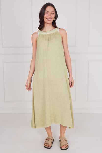 WASHED LINEN TIE BACK SLEEVELESS DRESS