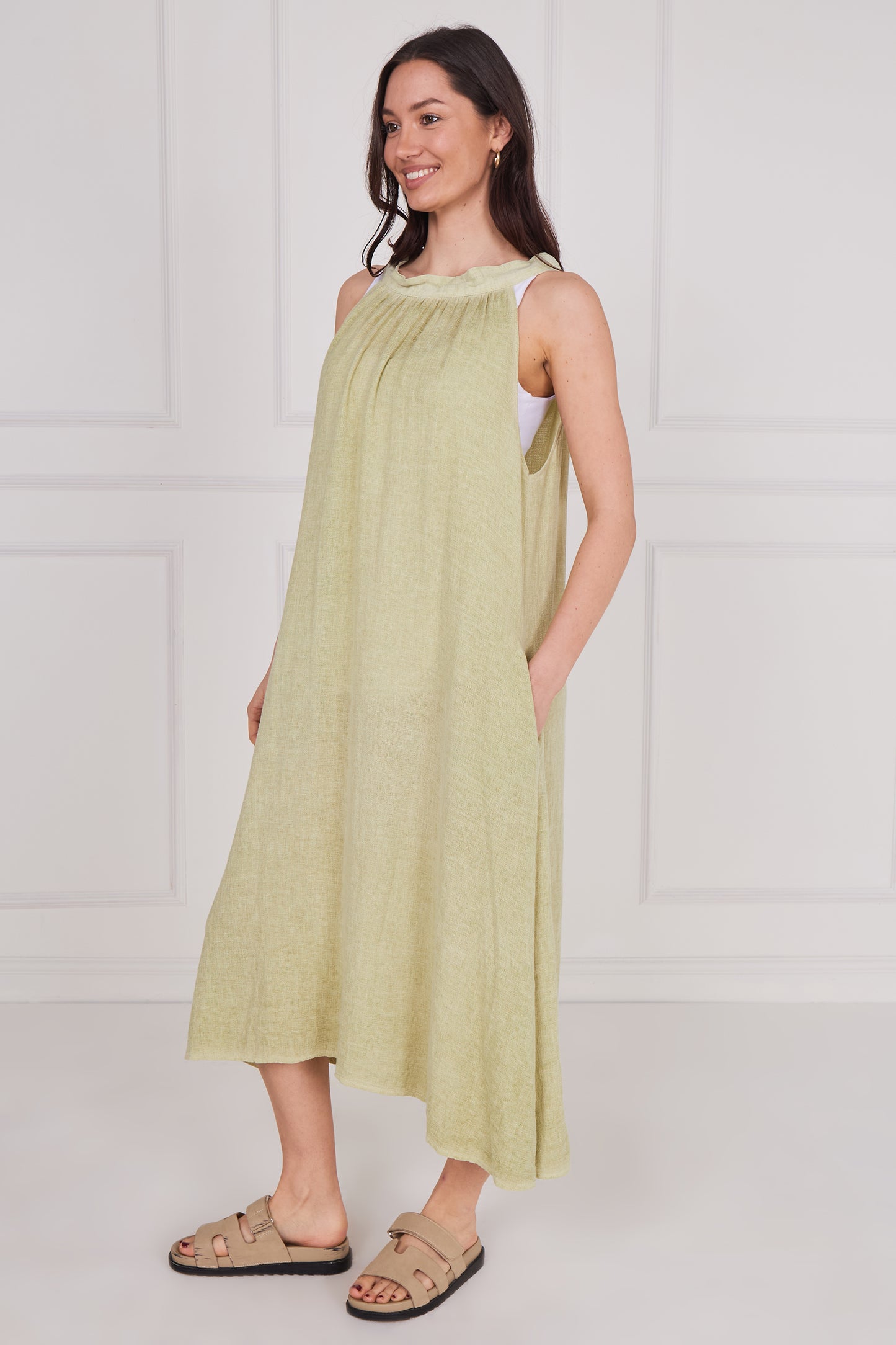 WASHED LINEN TIE BACK SLEEVELESS DRESS