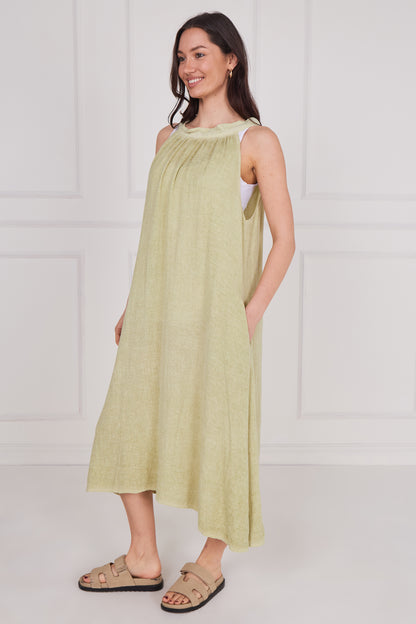 WASHED LINEN TIE BACK SLEEVELESS DRESS