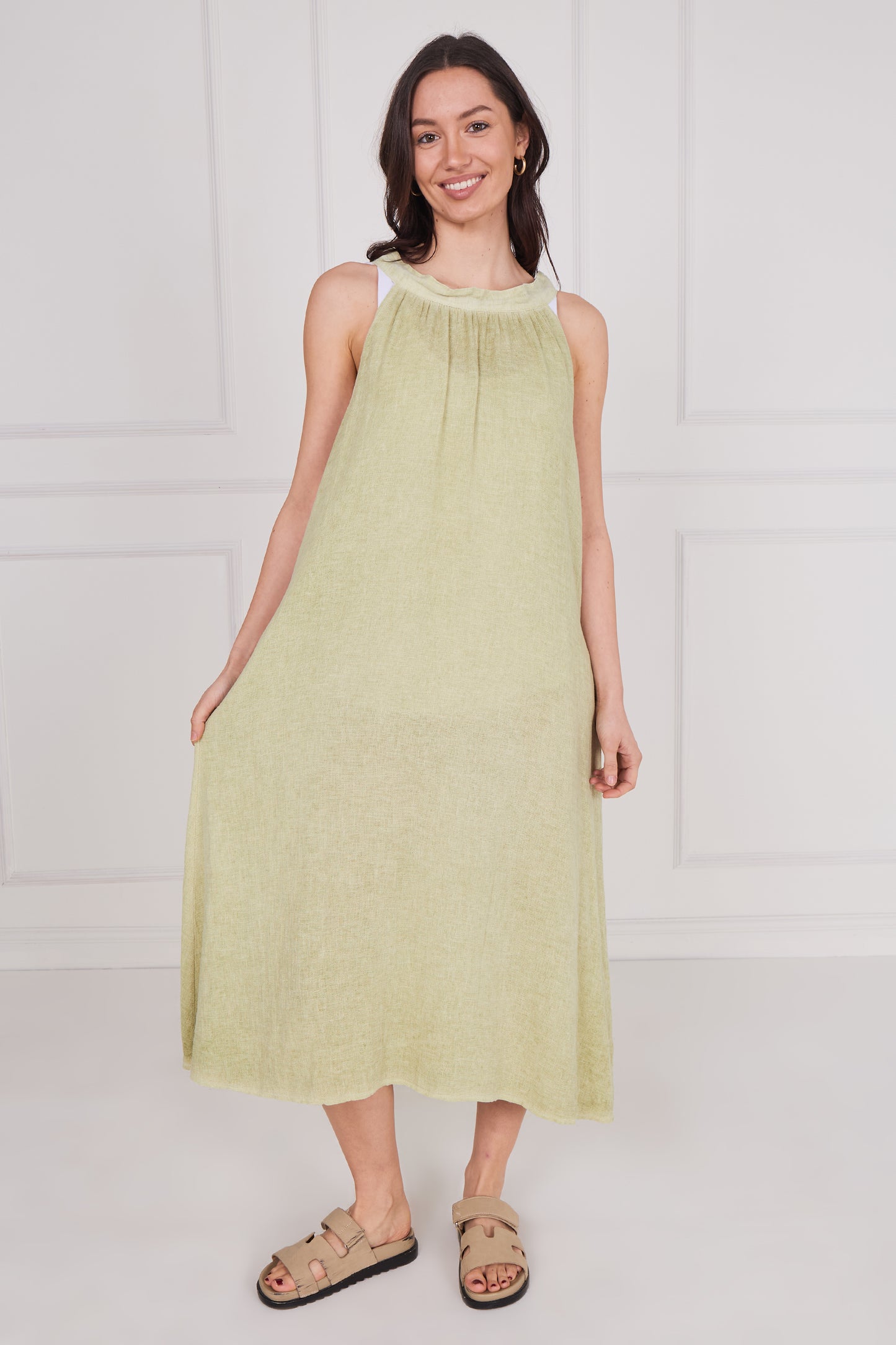 WASHED LINEN TIE BACK SLEEVELESS DRESS
