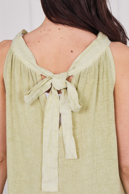 WASHED LINEN TIE BACK SLEEVELESS DRESS