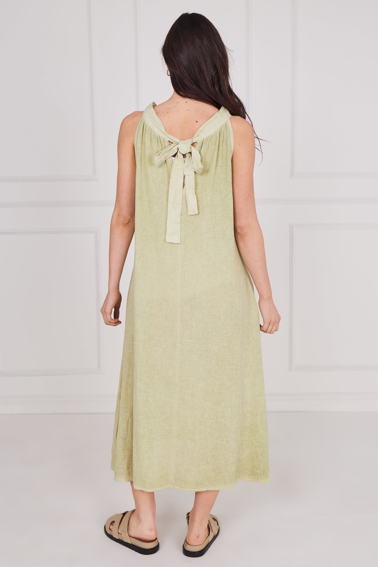 WASHED LINEN TIE BACK SLEEVELESS DRESS