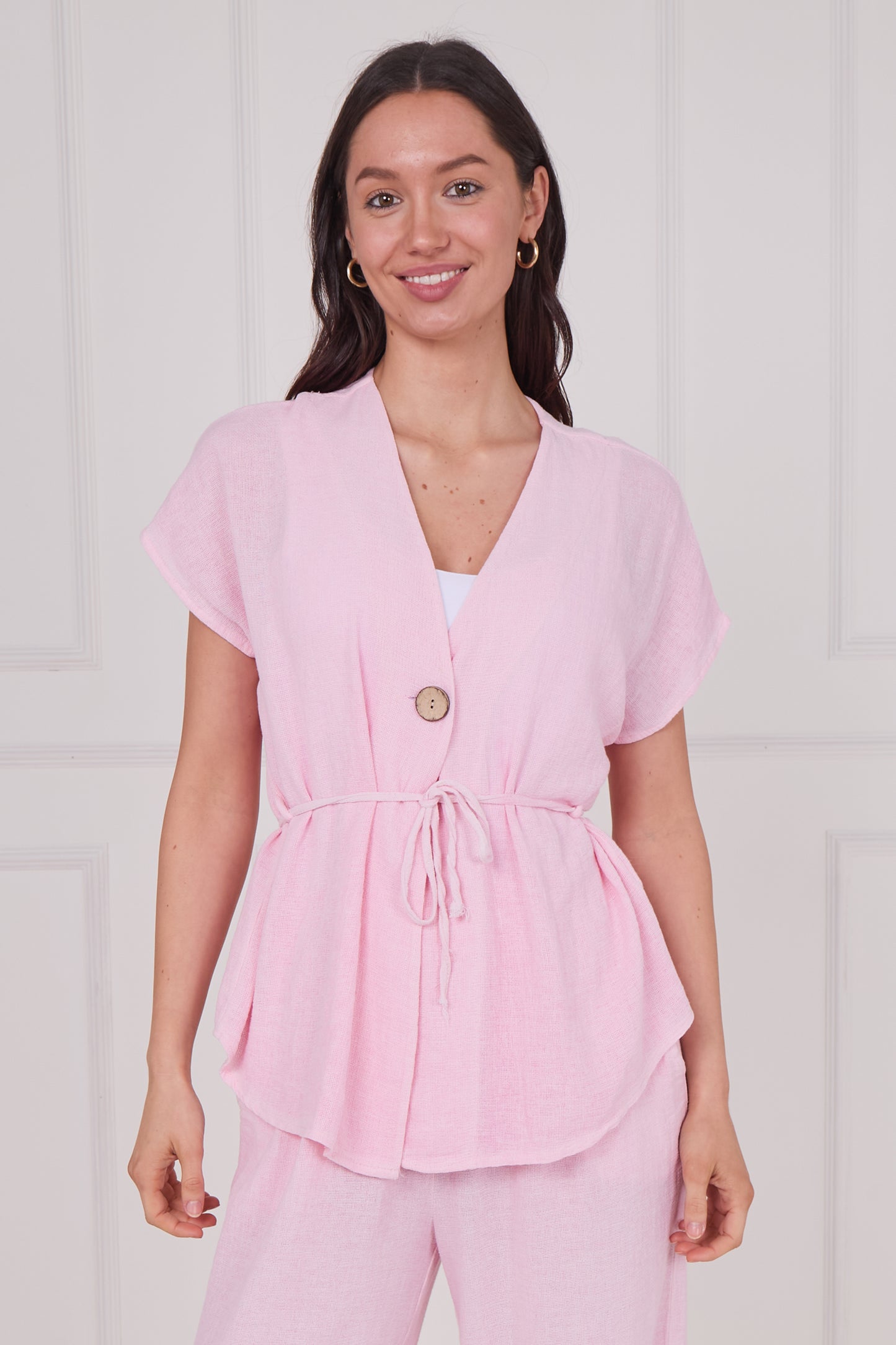 WASHED LINEN BUTTON WAIST TIE TOP