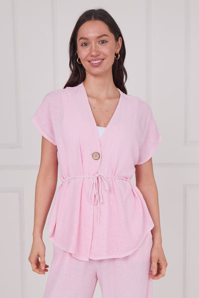 WASHED LINEN BUTTON WAIST TIE TOP