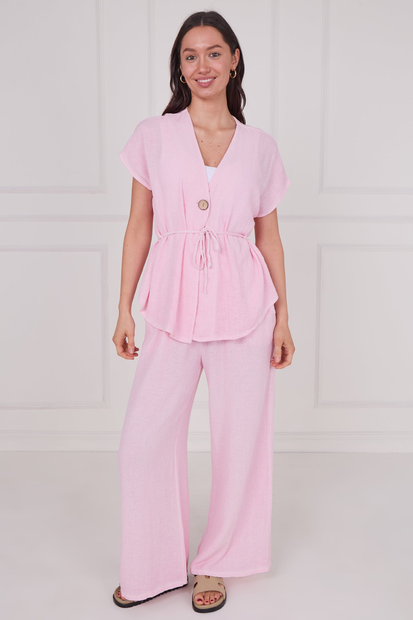 WASHED LINEN BUTTON WAIST TIE TOP