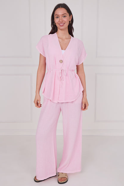 WASHED LINEN BUTTON WAIST TIE TOP