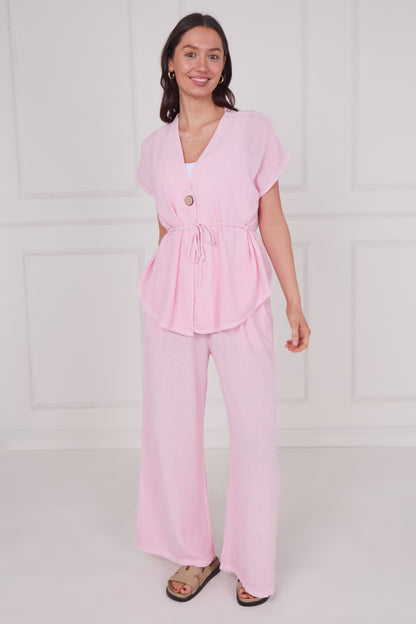 WASHED LINEN BUTTON WAIST TIE TOP