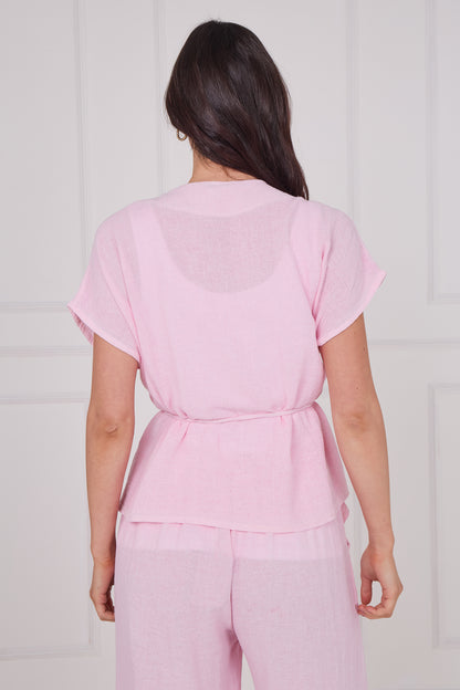 WASHED LINEN BUTTON WAIST TIE TOP