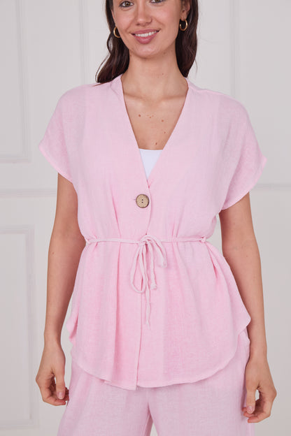 WASHED LINEN BUTTON WAIST TIE TOP