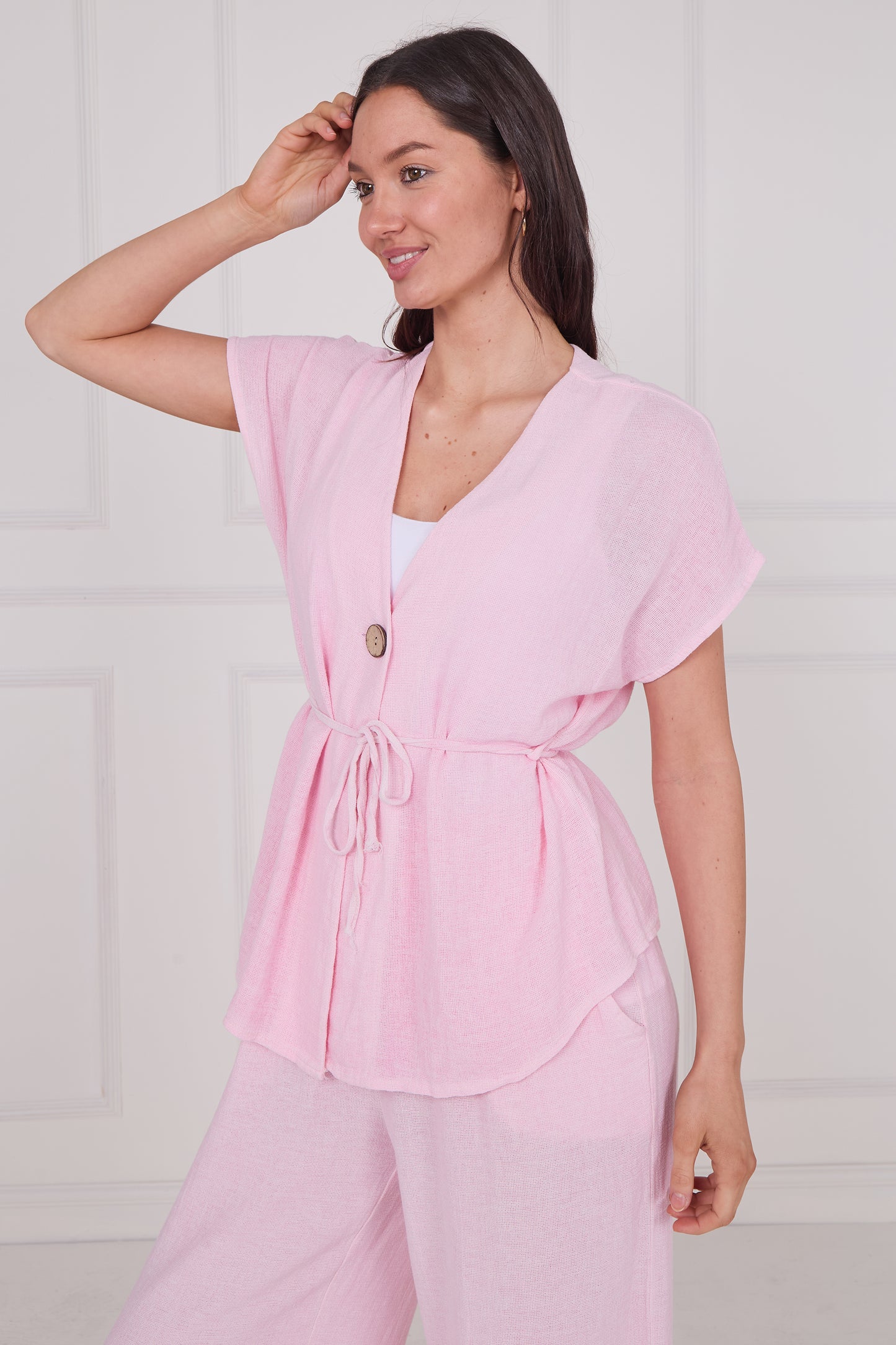WASHED LINEN BUTTON WAIST TIE TOP