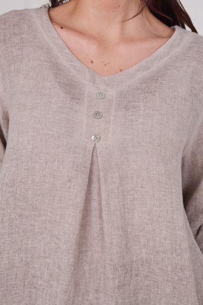 WASHED LINEN THREE BUTTONED V-NECK TOP