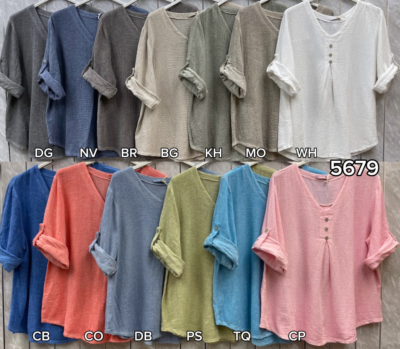 WASHED LINEN THREE BUTTONED V-NECK TOP