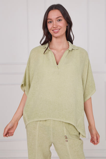 WASHED LINEN COLLAR V-NECK TOP