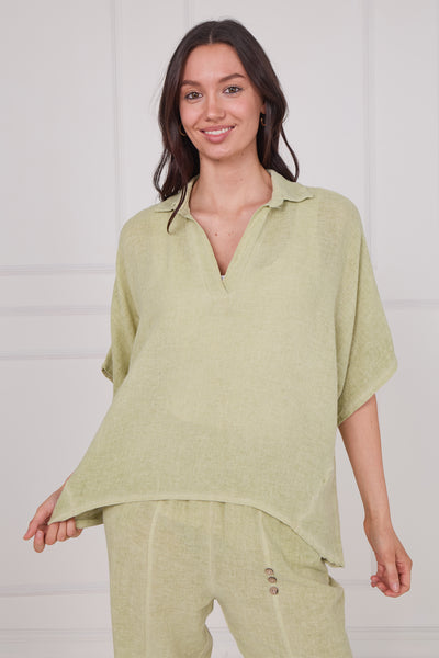 WASHED LINEN COLLAR V-NECK TOP