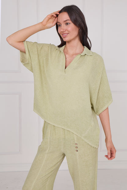 WASHED LINEN COLLAR V-NECK TOP