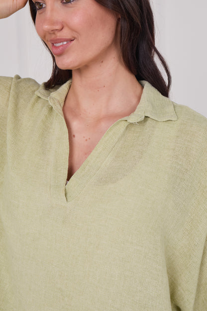 WASHED LINEN COLLAR V-NECK TOP