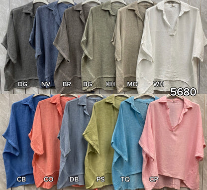 WASHED LINEN COLLAR V-NECK TOP