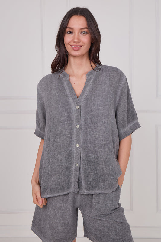 WASHED LINEN BUTTON V MANDARIN COLLAR TOP