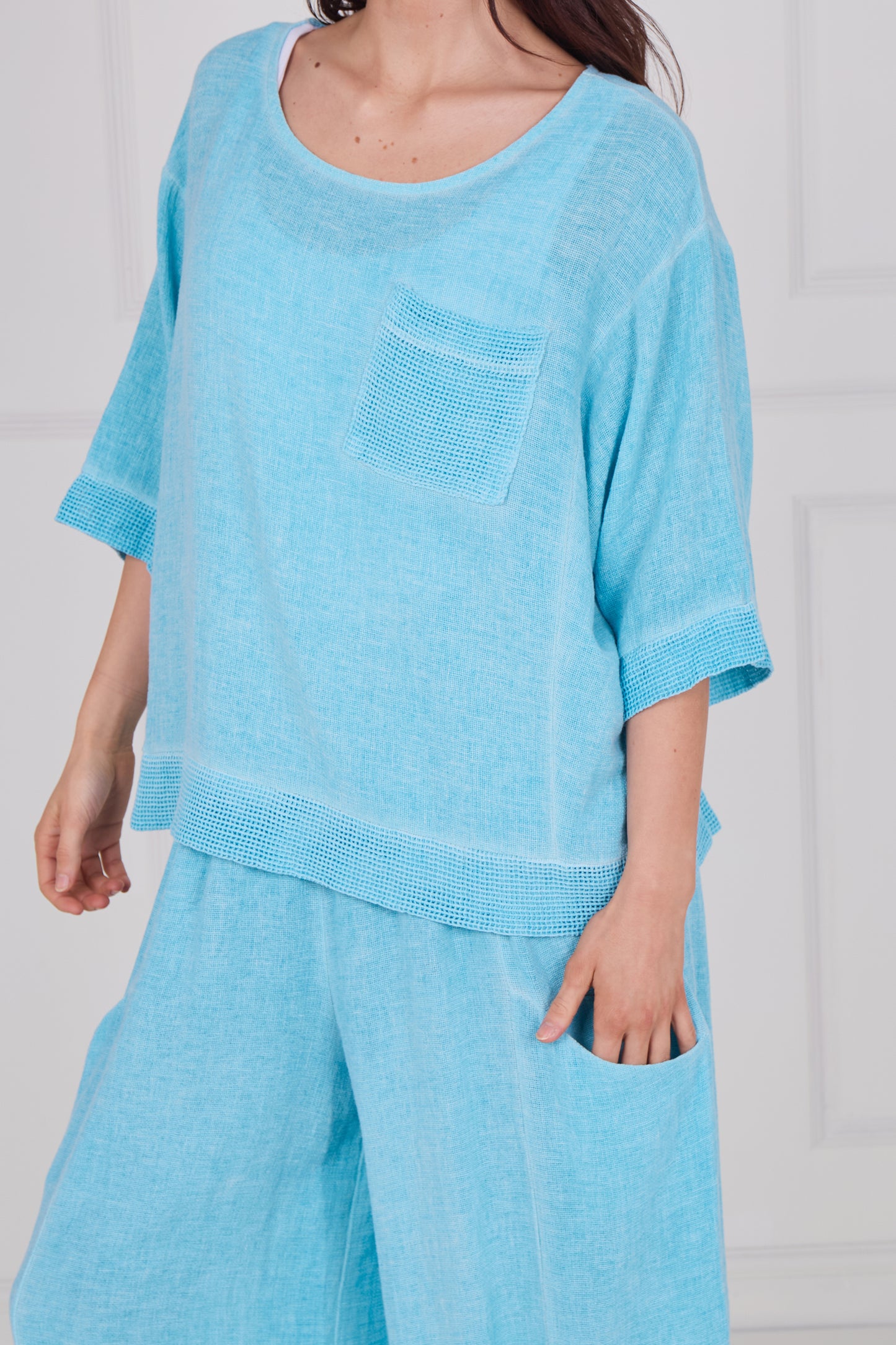 WASHED LINEN MESH POCKET TOP