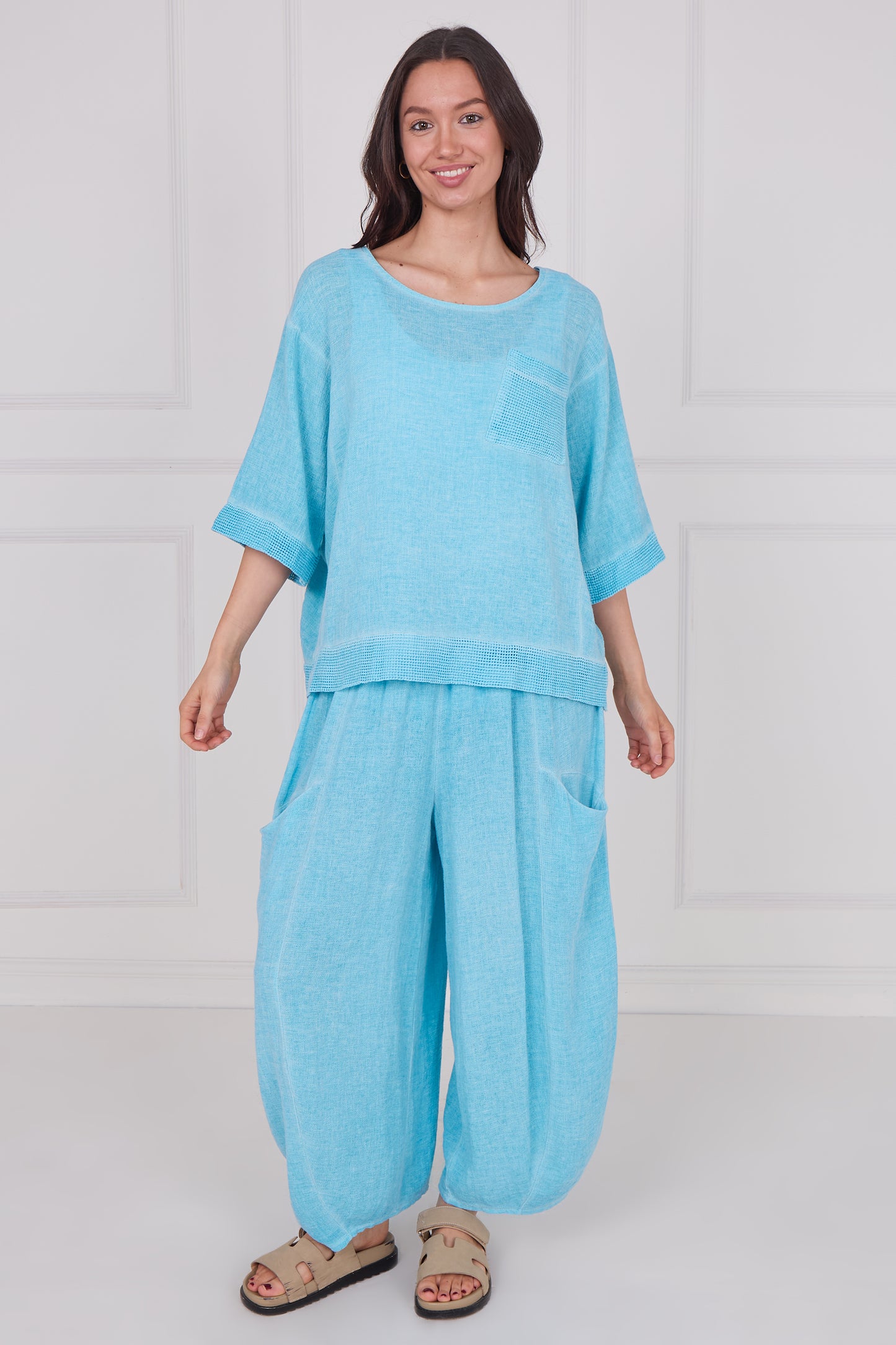 WASHED LINEN MESH POCKET TOP