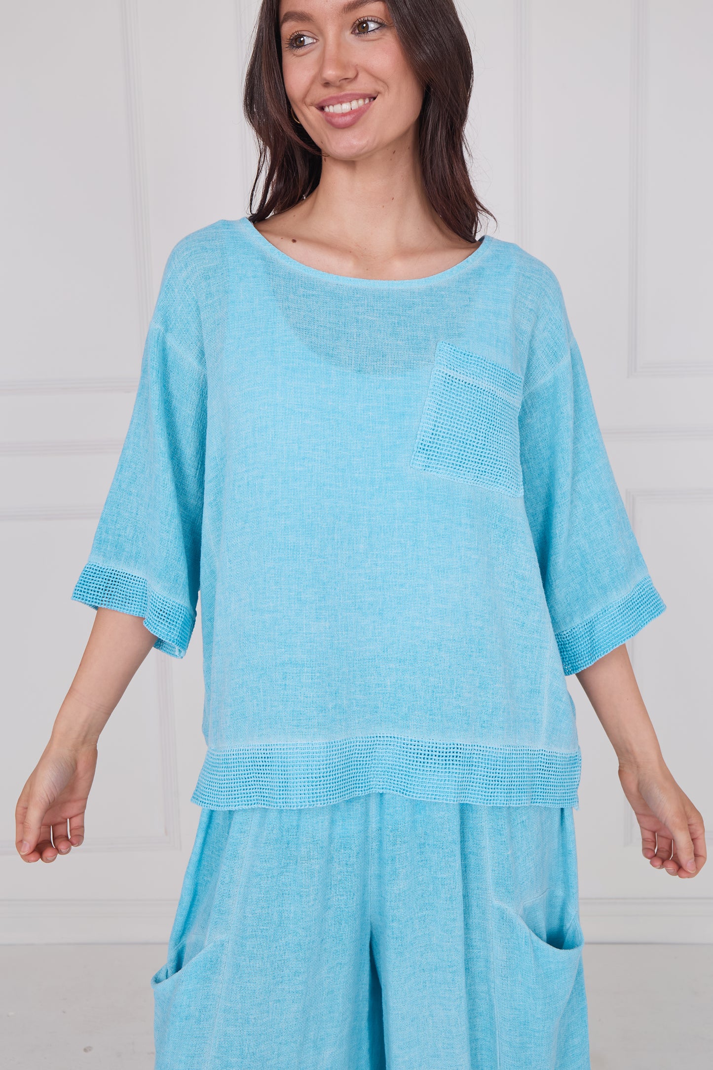 WASHED LINEN MESH POCKET TOP