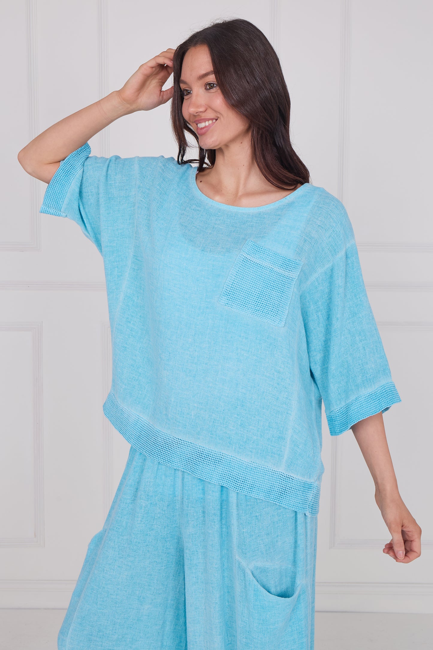 WASHED LINEN MESH POCKET TOP