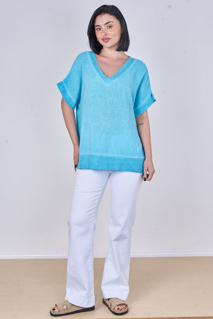 WASHED LINEN V-NECK MESH EDGED TOP