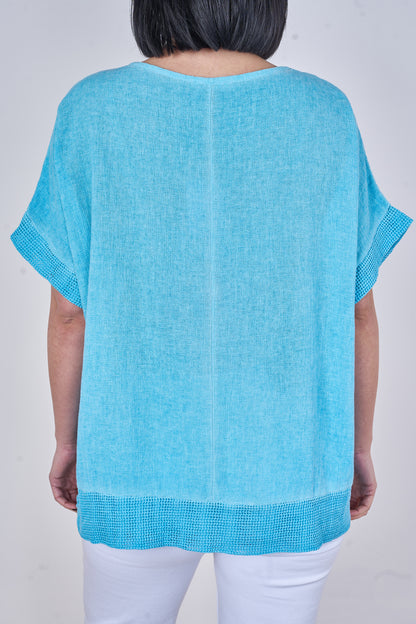 WASHED LINEN V-NECK MESH EDGED TOP