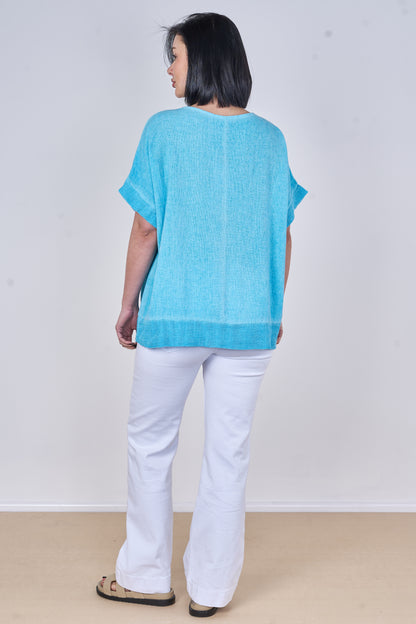 WASHED LINEN V-NECK MESH EDGED TOP